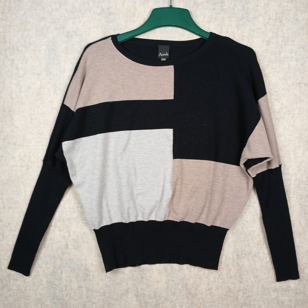 Aaeda Women's Color Block Sweater Large Black Tan Gray Knit Pullover